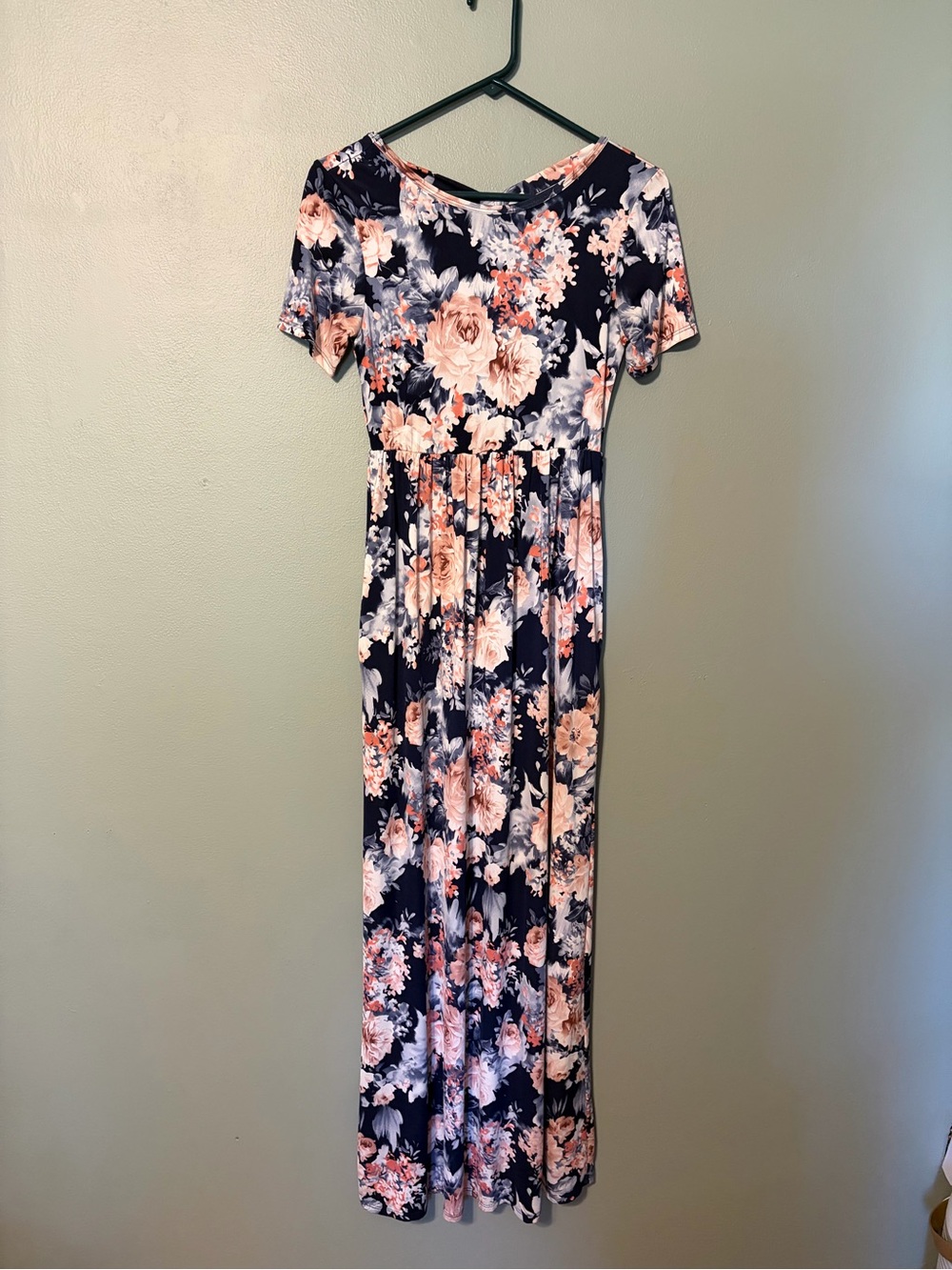 Women's Floral Print Maxi Dress Short Sleeve Pockets